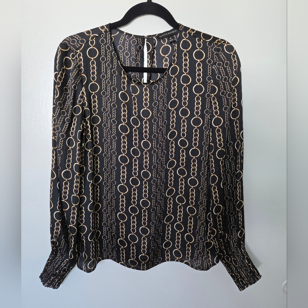Banana Republic Elegant Black and Gold Chain Print Women's Top